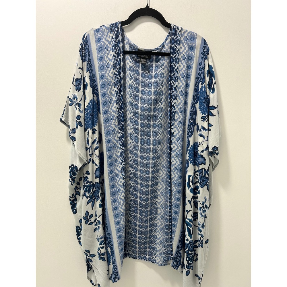 Angie Blue White Floral Geometric Boho Kimono Cardigan Cover Up Large Rayon